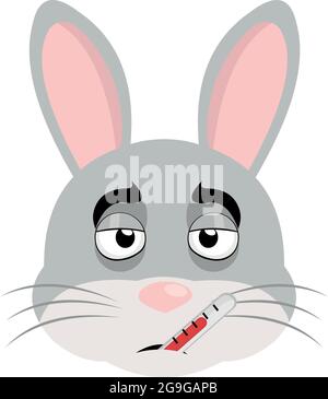 Illustration vectorielle d'une émoticône du visage d'un lapin de dessin animé avec une fièvre et un thermomètre dans sa bouche Illustration de Vecteur