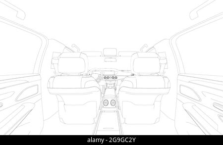Contour d'un intérieur de voiture chic isolé sur un fond blanc. Vue intérieure depuis le siège arrière. Illustration vectorielle. Illustration de Vecteur