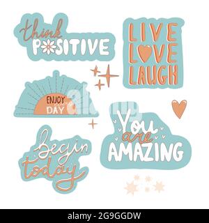 Set motivation stickers Devis Poster inspiration motivation lettering Devis Illustration avec des décorations de Doodle, style rétro vintage isolé sur fond blanc. Illustration vectorielle Illustration de Vecteur