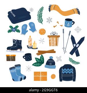 Set de style scandinave avec éléments d'hiver chaleureux et confortables, isolé sur fond blanc. Cadeaux et plantes de Noël, chandail en maille, chapeau, écharpe, chaussettes. Couverture et bougies. . Illustration vectorielle Illustration de Vecteur