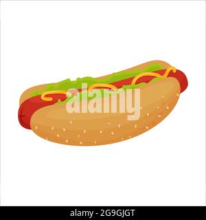 Hot dog coloré délicieux avec saucisse, moutarde, laitue et sesames sur des petits pains isolés sur fond blanc. . Illustration vectorielle Illustration de Vecteur