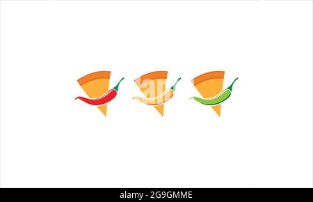 Trois tranches de pizza mexicaine avec logo icône de piment rouge jaune vert Illustration de Vecteur