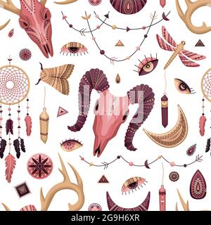 Motif vectoriel sans couture avec illustrations boho. Arrière-plan bohémien dans un style plat. Illustration de Vecteur