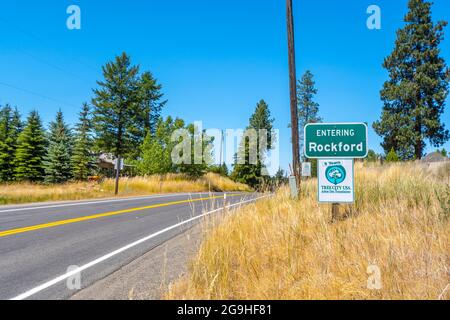 Un panneau d'entrée à Rockford à la périphérie de la petite ville rurale de Rockford, Washington, dans la région de Palouse dans l'intérieur du nord-ouest des États-Unis. Banque D'Images