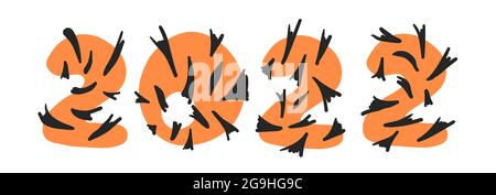 Bannière de rayures noires et orange chiffres drôles 2022. Bonne année chinoise 2022 du tigre. Dessin animé vectoriel dessiné à la main Illustration de Vecteur