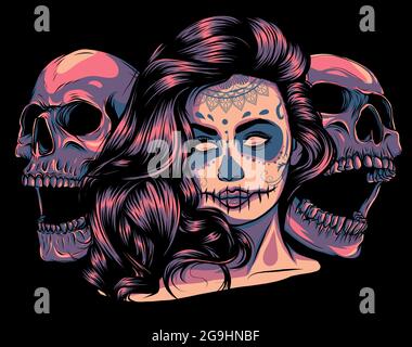 Fille morte avec deux crânes de sucre. Vecteur Illustration de Vecteur