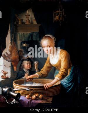 Fille hacher des oignons par Gerrit Dou (1613-1675), huile sur panneau, 1646 Banque D'Images