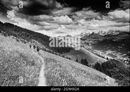 Les Saisies VTT, Mont-blanc et chaîne alpine. Massif du Beaufortain et région du Val d'Arly. Département Savoie. France Banque D'Images