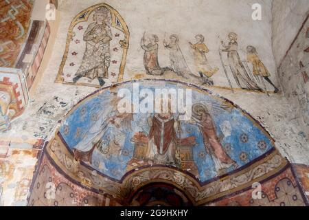 Église peinte de Saulcet.Peinture murale.Département Allier, Auvergne Rhône Alpes, France, Europe Banque D'Images