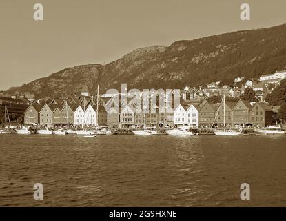 Sepia couleur de Bergen, la deuxième plus grande ville de Norvège Banque D'Images