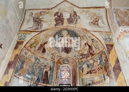 Église peinte de Saulcet.Peinture murale.Département Allier, Auvergne Rhône Alpes, France, Europe Banque D'Images