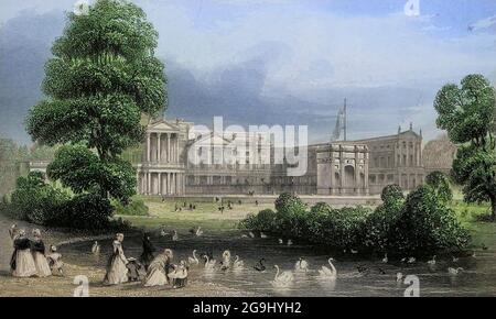 Des cygnes dans les pons de Buckingham Palace, Londres du livre Illustrated London, ou une série de vues dans la métropole britannique et ses environs, gravée par Albert Henry Payne, à partir de dessins originaux. Les avis historiques, topographiques et miscellanious de Bicknell, W. I; Payne, A. H. (Albert Henry), 1812-1902 publiés à Londres en 1846 par E.T. Cerveau et Co Banque D'Images