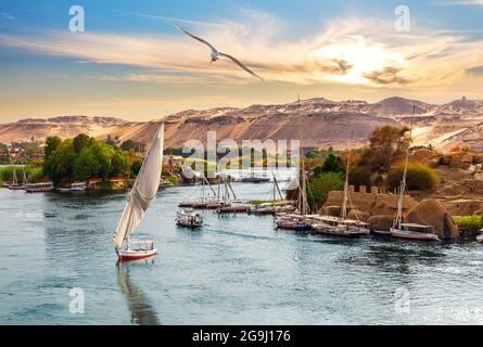 Le Nil, les voiliers et les rochers au coucher du soleil à Assouan, en Égypte Banque D'Images