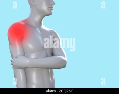 illustration de rendu 3d de la figure masculine avec zone rouge d'articulation d'épaule enflammé sur fond bleu, concept clinique de traumatologie. Banque D'Images