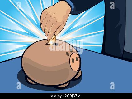 Une personne qui économise de l'argent dans une banque de porc Illustration de Vecteur