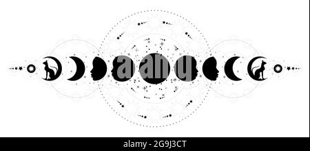 Phases de la lune. Triple lune et chats noirs, symbole de la déesse païenne Wiccan, pleine lune, waning, cirage, premier quart, gibbous, croissant, troisième quart Illustration de Vecteur