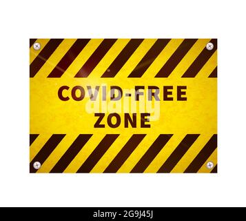 Plaque d'avertissement jaune brillant avec signe de ZONE LIBRE COVID sur blanc Illustration de Vecteur