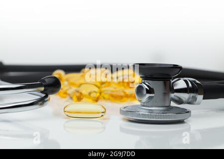 Omega 3 capsules from north Fish Oil on white background Stock Photo