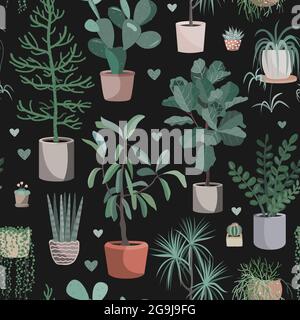 Mignons plantes d'intérieur sur fond sombre. Maison à l'intérieur de la bande dessinée vecteur plante motif sans couture. Fleurs en pot Illustration de Vecteur