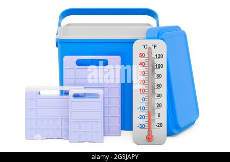 Glacière portable avec thermomètre, rendu 3D isolé sur fond blanc Banque D'Images