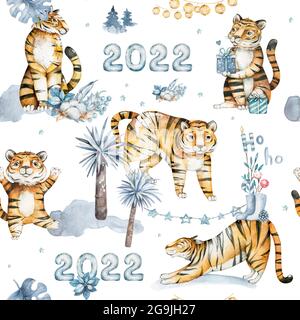 Motif sans couture avec animaux exotiques. Tigres mignons. Motif nature jungle. Style puéril.symbole de 2022. Illustration aquarelle dessinée à la main Banque D'Images