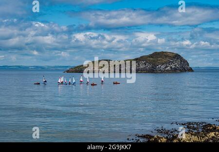 Voile de dinghies par Craigleith Island à Firth of Forth lors d'une journée ensoleillée d'été avec ciel bleu et nuages, Écosse, Royaume-Uni Banque D'Images