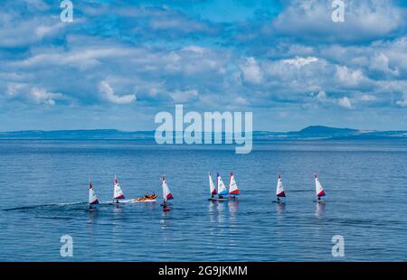 Voile des dinghies dans le Firth of Forth lors d'une chaude journée ensoleillée d'été avec ciel bleu et nuages, Écosse, Royaume-Uni Banque D'Images