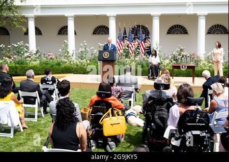 Washington, États-Unis. 26 juillet 2021. Le président Joe Biden prend la parole à l'occasion de la célébration à la Maison Blanche du 31e anniversaire de la loi sur les Américains avec déficiences (ADA). Crédit : SOPA Images Limited/Alamy Live News Banque D'Images