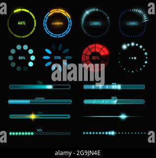 Icônes du processus de chargement et de la barre d'état, interface HUD. Éléments numériques futuristes Vector Sci Fi pour tableau de bord, interface utilisateur au néon de style technologique Illustration de Vecteur