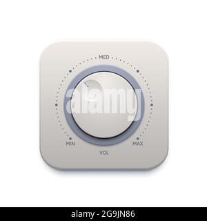 Bouton de son de musique, icône d'interface ou commutateur de commande audio, vecteur. Bouton de volume du son de la musique ou tuner du lecteur avec numérotation maximale et minimale pa Illustration de Vecteur