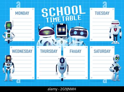 Calendrier avec robots cartoon et modèle de vecteur droïdes. Planificateur hebdomadaire de l'éducation scolaire, tableau du plan d'étude et table de temps de leçon des élèves Illustration de Vecteur