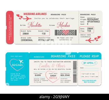 Billets de carte d'embarquement, modèle de vecteur d'invitation de mariage. Carte de compagnie aérienne de mariage, coupon de voyage aérien ou passeport, cérémonie de mariage ou m Illustration de Vecteur