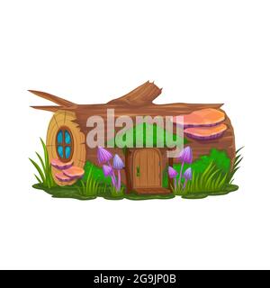 Maison de souche de dessin animé habitation de gnome, de magicien ou d'elfe, maison de nain de vecteur. Maison d'élans de conte de fées ou de leprechaun avec champignons dans la souche d'arbre de forêt, fairyt Illustration de Vecteur