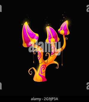 Fantasy fée magie caricatures champignons, vecteur champignons insolites de couleurs rose et jaune avec une croissance maurique sur la stype et des capsules brillantes. Conte de fées Illustration de Vecteur