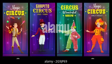 Clowns de cirque de Shapito, juggler et bannières vectorielles magiciennes. Les artistes de dessin animé réalisent un spectacle magique sur une grande arène. Musiciens de Carnaval, funkers en brig Illustration de Vecteur