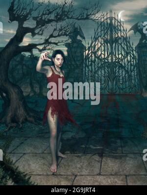 illustration numérique de la figure réaliste de fantaisie asiatique femme fille personnage en robe rouge avec l'environnement effrayant d'horreur avec porte démon an Banque D'Images