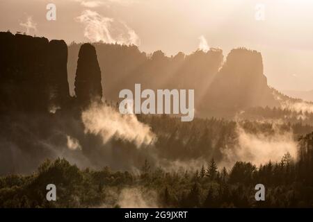 Vue du bassin de cowshed à l'Affensteine dans la brume matinale, montagnes de grès d'Elbe, Parc national de la Suisse saxonne, Saxe, Allemagne Banque D'Images