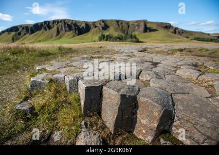 Colonnes de basalte sculptées par les glaciers, Kirkjugolf ou trottoir d'église, Kirkjubaejarklaustur, Skaftarhreppur, Suourland, Islande Banque D'Images