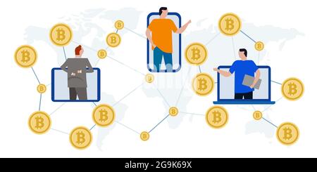 Bitcoin crypto chaîne de blocs de monnaie électronique numérique transaction d'argent international réseau d'affaires entre appareil portable smartphone mobile Illustration de Vecteur