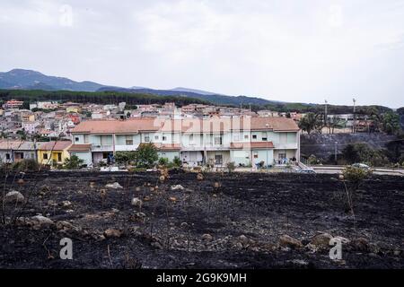 Oristano, Sardina, Italie. 26 juillet 2021. Photo prise le 26 juillet 2021 montre une zone brûlée à Oristano, Sardaigne, Italie. Les services régionaux d'urgence de la Sardaigne ont émis lundi un nouvel avertissement de mauvais temps et le gouvernement régional a déclaré l'état d'urgence après que de grandes portions de l'île principale ont été ravagées par des feux de forêt au cours des derniers jours. (Xinhua) Credit: Xinhua/Alay Live News Banque D'Images