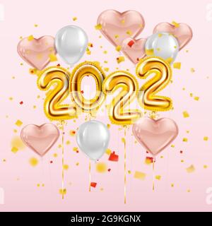 Ballons or du nouvel an 2022 heureux. Chiffres en feuilles d'or, ballons à coeurs roses avec, confettis, rubans, affiche, bannière. Vecteur 3D réaliste Illustration de Vecteur
