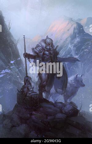 illustration numérique du personnage masculin fantasy de viking tenant un énorme marteau et un loup dans le dos Banque D'Images
