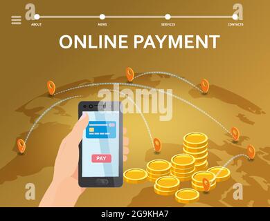 Paiement en ligne, transfert d'argent sur Internet. Smartphone à main, piles de pièces, planète Terre isométrique. Concept mobile e-commerce, achats en ligne Illustration de Vecteur