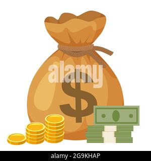 Sac plein d'argent avec signe dollar, pièces d'or, argent papier. Illustration vectorielle de style dessin animé Illustration de Vecteur