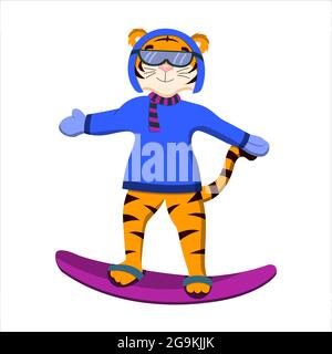 dessin animé tigre sur un snowboard, symbole de l'année, vecteur isolé sur fond blanc Illustration de Vecteur