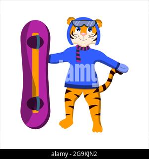 dessin animé tigre se dresse avec un snowboard, symbole de l'année, vecteur isolé sur fond blanc Illustration de Vecteur