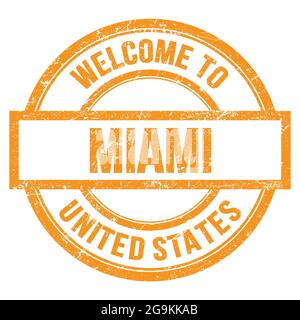 BIENVENUE À MIAMI - ÉTATS-UNIS, mots écrits sur orange rond simple timbre Banque D'Images