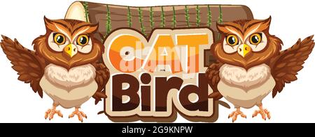 Bannière de police de chat Bird avec deux caractères de dessin animé de hiboux illustration isolée Illustration de Vecteur