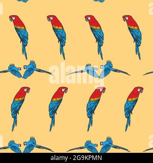 Vecteur orange fond oiseaux tropicaux, perroquets, macaw, cacatoès exotiques. Arrière-plan sans couture Illustration de Vecteur