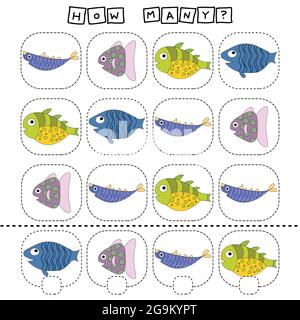 Combien de jeu de comptage avec poissons drôles. Feuille de travail pour enfants d'âge préscolaire, feuille d'activité pour enfants, feuille de travail imprimable Illustration de Vecteur